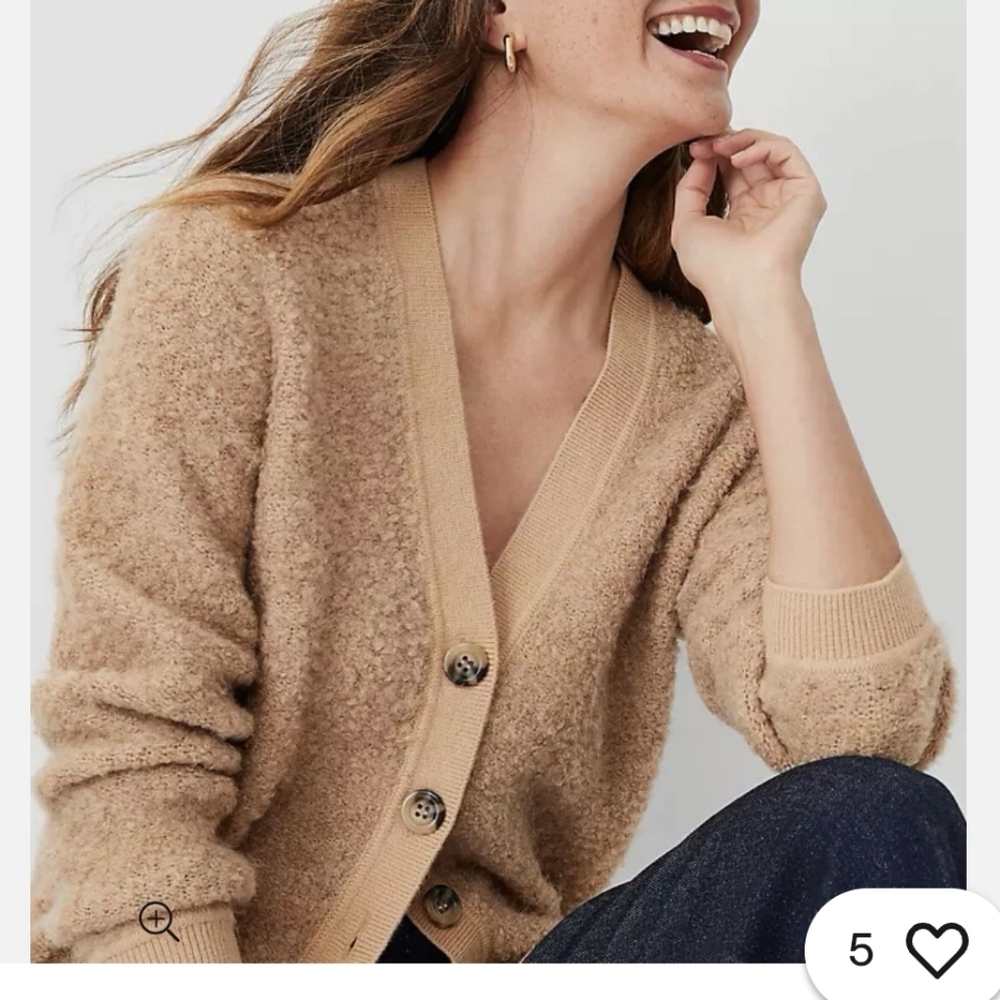 Ann Taylor Cozy Textured Boucle V-Neck Cardigan in Tan Size S